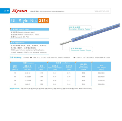 UL3134 λαστιχένια καλώδια 14AWG 600V/150C FT2 σιλικόνης yelow/πράσινο φως εγχώριων συσκευών ρομπότ